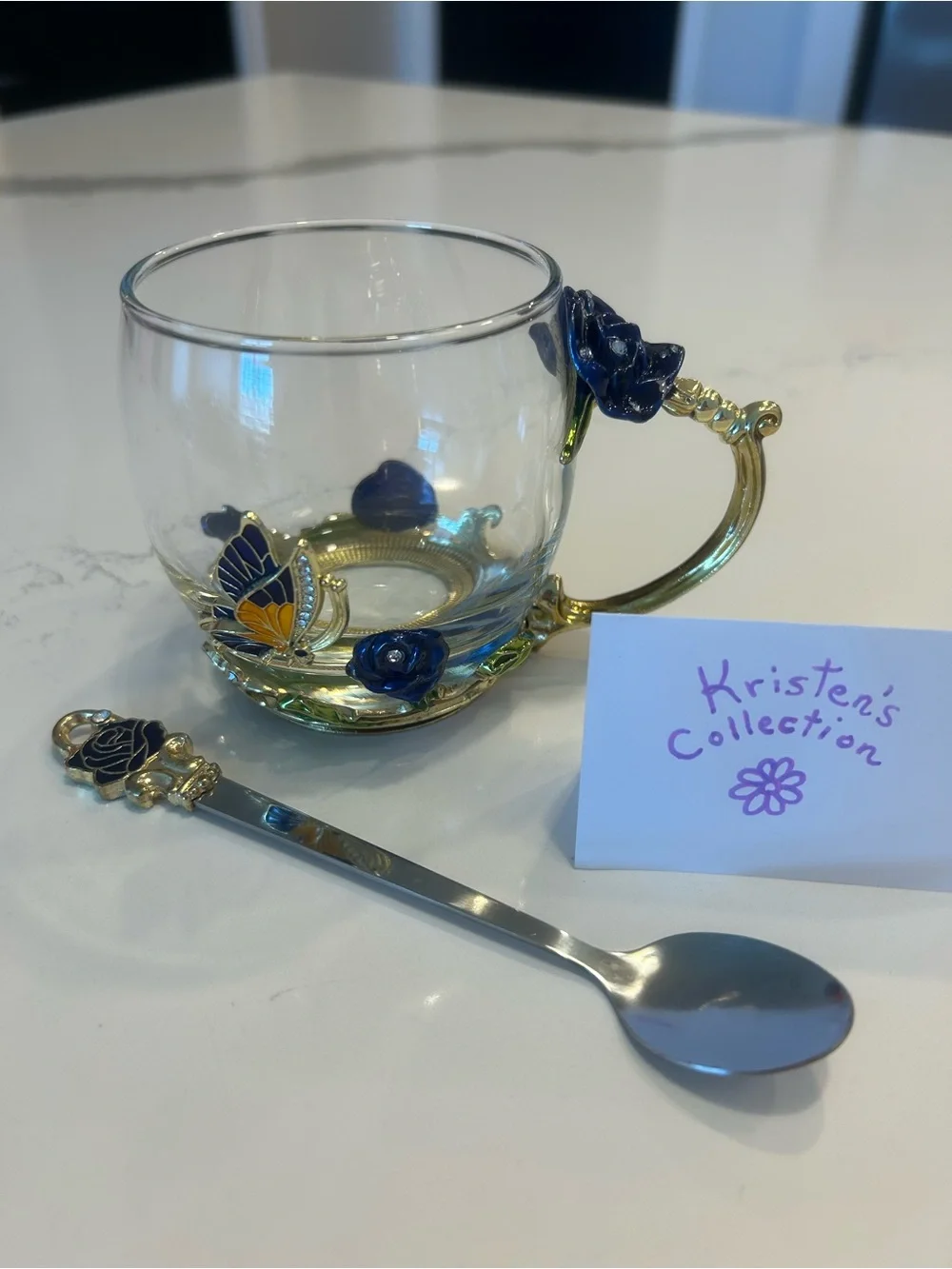 Blue Rose Glass Teacup with Gold Handle and Spoon